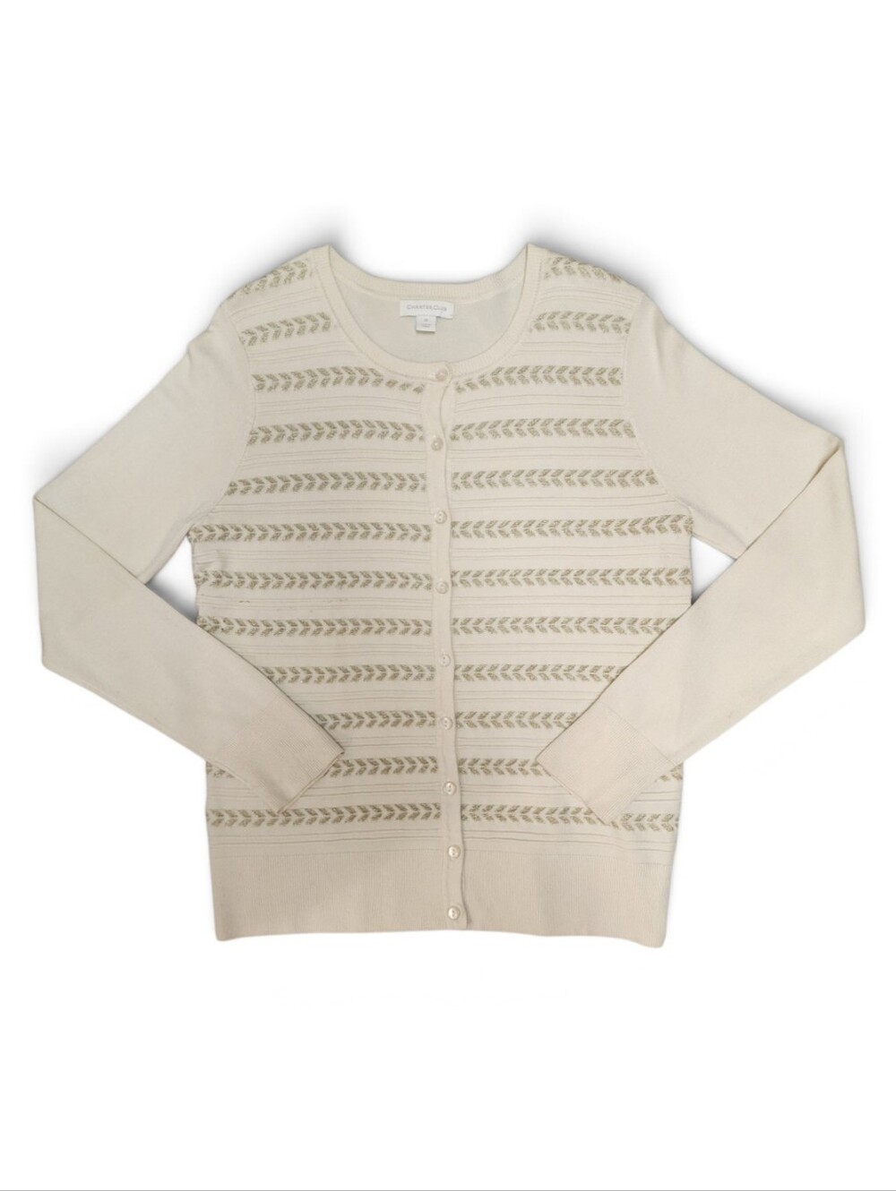 Charter Club Luxury Ivory Knit Button-Up Gold Chevron Print Cardigan Medium M